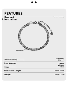 Detailed size specifications for the 4.2mm retro S925 sterling silver snake chain bracelet
