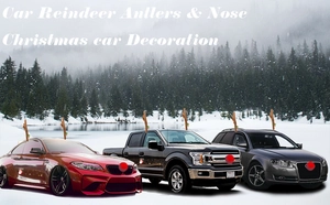 Close-up of brown car reindeer antlers and red nose decoration on various car models