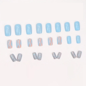 Light blue press-on nails with wave patterns and glitter finish, 22 piece short square set