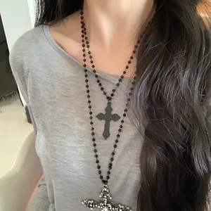 Gothic double layer necklace with black beads and rhinestone hollow cross pendants