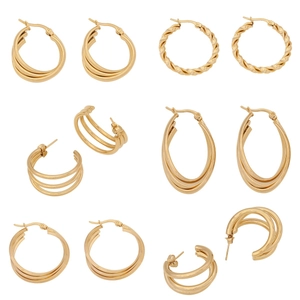 Minimalist Geometric C-Shape Earrings Stainless Steel Triple Layered Gold Tone Studs Jewelry For Women