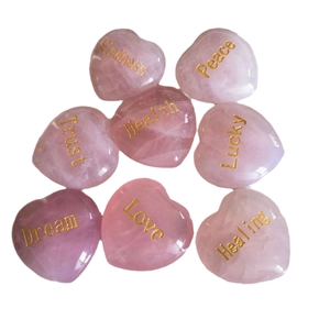 30mm natural rose quartz heart stones with gold engraved inspirational words like Love