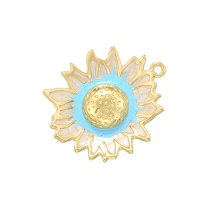 Gold-plated sunflower pendant with glittery white enamel petals and blue flower core