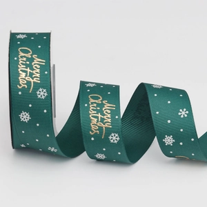 Ruban gros-grain vert foncé Merry Christmas avec lettrage doré et motifs de flocons