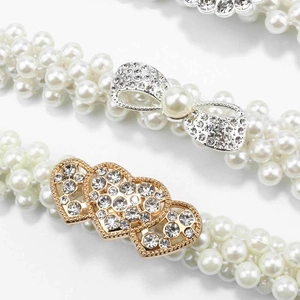 Women's elastic pearl waist belt with sparkling rhinestone bow and heart buckles