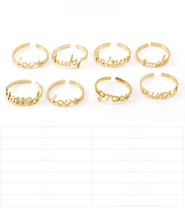 Close-up of adjustable stainless steel 18K gold-plated rings with various letter designs