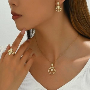 Goutte D'eau Zircon Cercles Empilés Acier Inoxydable Plaqué Or Collier Boucles D'oreilles Bague Bijoux Femmes