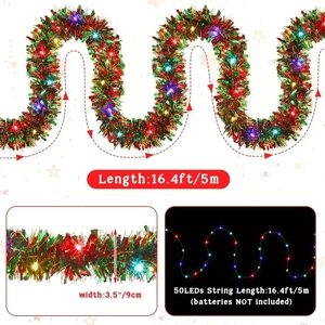 5m Christmas tinsel garland with 50 LED lights for holiday party room decoration