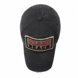 Berretto da baseball nero lavato vintage con ricamo Miami Beach e visiera con strappi