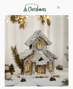 Close-up of lighted wooden Christmas church with snow detail and warm glow