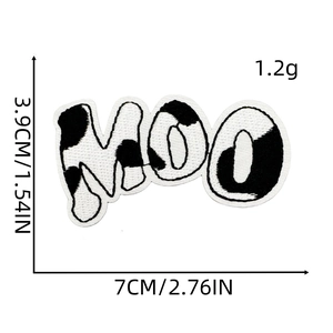 Detailed view of MOO cow print embroidery patch with dimensions 7x3.9cm and weight 1.2g