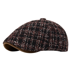 Classic British style knitted newsboy cap with brown suede brim and plaid pattern