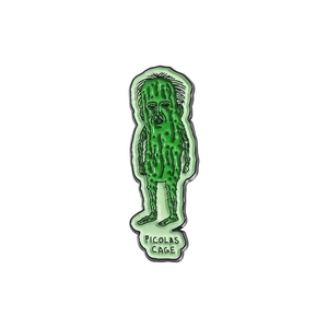 Funny green cucumber character enamel pin with Picolas Cage text in zinc alloy