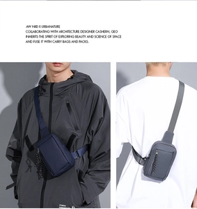 Dual view of navy blue and dark grey waterproof sling bags with geometric minimalist design