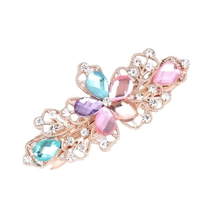 Floral hair claw clip with colorful rhinestones and crystals on rose gold metal