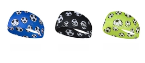 Three-color athletic headbands with soccer pattern prints on breathable elastic fabric