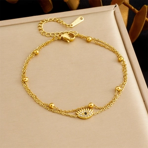 Evil Eye Bracelet Double Layer Stainless Steel Gold Plated Cubic Zirconia Adjustable Chain Jewelry For Women