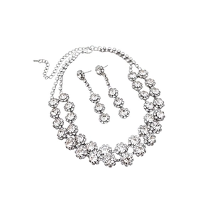 Exquisite silver floral rhinestone jewelry set with tassel pendant necklace and earrings