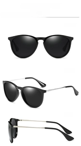 Detailed views of bright black cat eye polarized sunglasses with thin metal temples