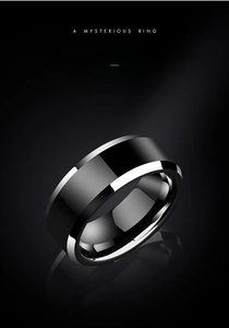 Macro shot of 8mm black stainless steel ring with beveled edges and mirror polish finish