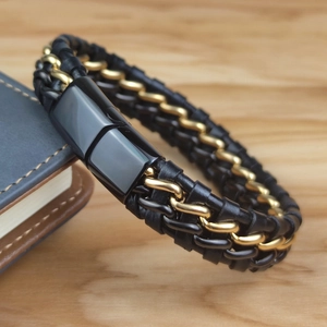 Men's double-layer punk bracelet featuring gold chains and black braided leather strap