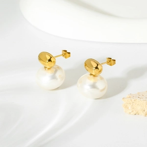 Elegant 16K gold plated stainless steel pearl earrings with minimalist geometric design