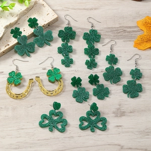 Shamrock Clover Horseshoe Earrings Green Glitter Acrylic Sequins St Patricks Day With Stainless Steel Earring Post