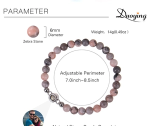 Diagramme détaillé des paramètres d'un bracelet en perles de pierre zèbre de 6mm avec pendentif