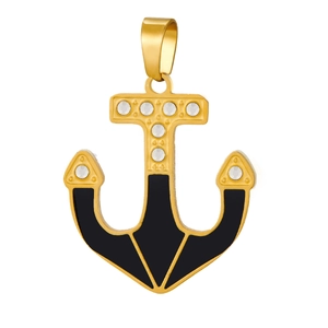 Detail of gold anchor pendant featuring black enamel inlay and sparkling rhinestones