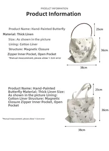 Detailed size specifications for canvas tote bags with butterfly prints and round handles