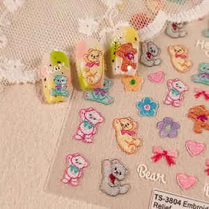 Embroidery Texture Nail Art Stickers 5D Embossed Cartoon Bear Bowknot Floral Design Self Adhesive For Manicure