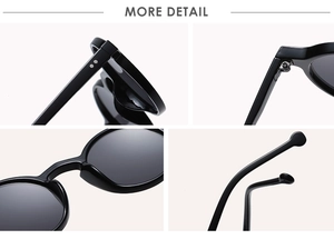 Detail view of round vintage sunglasses featuring metal hinges and integrated nose pads