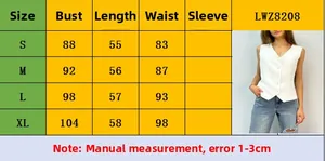 Size chart for women's V-neck sleeveless vest showing S to XL measurements and dimensions