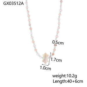 Size specifications of beaded pearl necklace with pink beads and yellow shell bow pendant