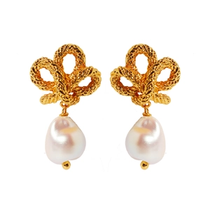 Elegant gold twisted knot earrings featuring iridescent baroque pearls in a symmetrical design