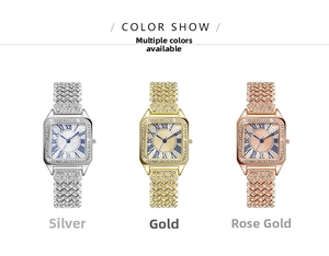 Detailansicht der quadratischen Damenuhren in Silber, Gold und Roségold mit Kristallen