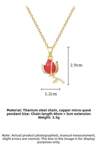 Macro detail of red rose pendant with copper micro-inlay and gold titanium steel chain