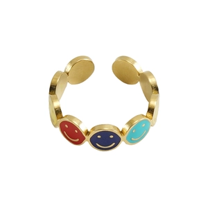 Rainbow smile face open ring in gold plating with colorful enamel discs for women