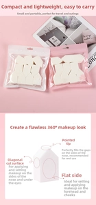 Macro view of house-shaped makeup sponges showing pointed tips and flat edges for precise use