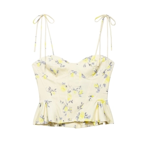 Women Floral Print Camisole Corset Top Tie Shoulder Sweetheart Neckline Peplum Hem Back Zipper Polyester Summer Sexy Top