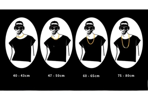 Size chart showing double-layer cross necklace lengths from 40cm to 80cm on silhouettes