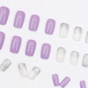 Glossy lavender and silver glitter gradient short square press-on nails set
