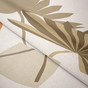Detailansicht der weichen Samttextur und der modernen botanischen Blattmuster auf dem Wandteppich