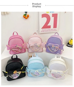 Detailed display of six sequin backpacks with heart windows and laser wings in various colors