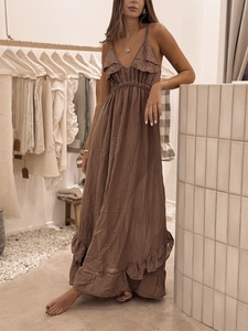 Robe Maxi À Bretelles En Pur Coton Décolleté En V Profond Volants Dos Nu Laçage Taille Haute Style Bohème