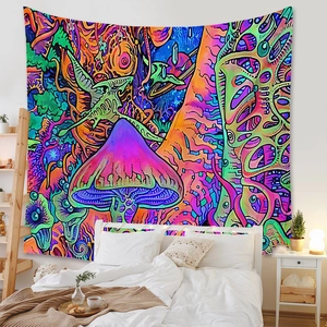 Detailed psychedelic mushroom tapestry texture on a cozy bedroom wall background