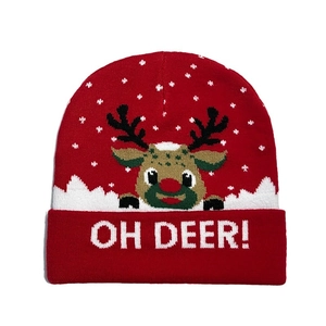 Red Christmas knit beanie with OH DEER! text and reindeer pattern for winter warmth
