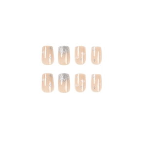 Short square press-on nails with pink glitter, white clouds, and silver star designs