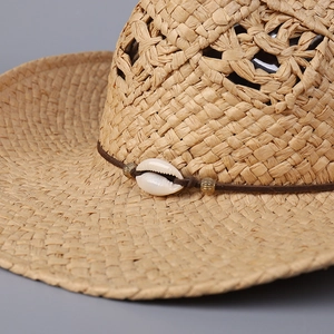 Western straw cowboy hat with shell detail and hollow weave for sun protection