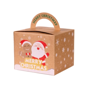 Kraft paper Christmas gift box featuring Santa Claus and gingerbread man illustrations